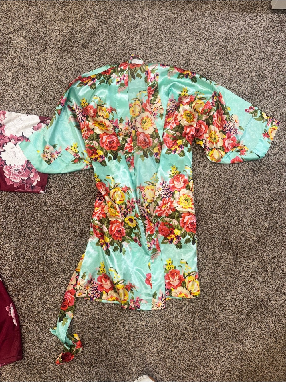 Aqua Floral Satin Kimono Robe
